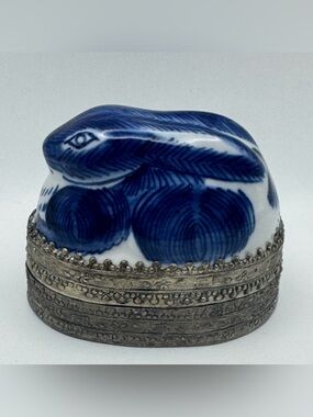 Vintage Porcelain Rabbit Trinket Box with Silver Tone Metal Base Chinoiserie